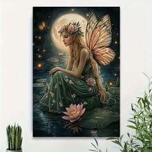 1pc Fairy Canvas Wall Art, Butterfly Wings, Moonlit Fantasy Print. Stretched Canvas, Wall Decor For Living Room, Bedroom. Floral Crown, Elegant, Artwork, Fantasy Decor, Ready To Hang Canvas Art. Magical Wall Art. - 彩色 - 查看 6