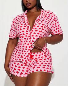 Women Y2k Pajamas Set Cute Heart Rabbit Short Sleeve Button Down Shirt Silk Satin Pjs Shorts Set Preppy Sleepwearhalloween - 5 Heart Print Red - View 5