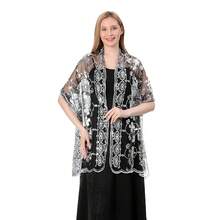 Shawls And Wraps For Evening Dresses,Women Formal 1920s Sequin Flower Sheer Shawls And Wraps For Wedding-{"Color_name":"BlackSilver"} - FBlackssilver - 查看 3