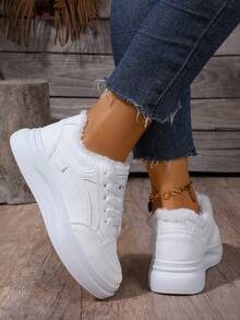 Sneaker bianche da donna, con fodera termica, suola spessa, versatili, leggere, adatte per camminare, andare a scuola, attività all'aperto, multifunzionali. Per piedi larghi, si consiglia di ordinare una taglia in più. - Bianco - Visualizzare 5