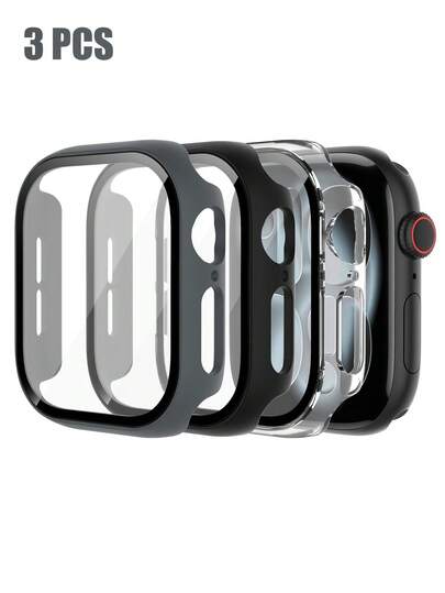 3 Packs Tempered Glass Hard PC Case Compatible With Apple Watch Series Ultra/11/10/9/8/7/6/5/4/SE, Compatible With Apple Watch 40mm/41mm/42mm/44mm/45mm/46mm/49mm Screen Protector, Suitable For Men And Women, Ultra-Thin Protection, Rose Gold 3 Pieces Set