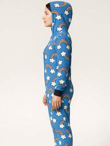 Mameluco Pijama de una pieza Estampado Arcoiris Felpa Suave para Adulto con Cierre Kigurumi para Mujer - Azul - Ver 3