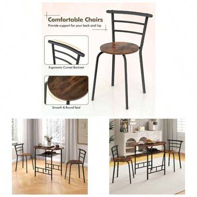 Dining Table And Chairs Set 2, 3 - Piece Compact Dining Room Set With Storage Shelf, Metal Frame, Breakfast Bar Table Kitchen, Living Room And Lounge