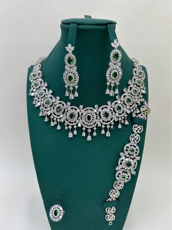 5pcs Luxury Jewelry Set: Necklace, Earrings, Ring, Bracelet, Decorated With Pink, Green, Teardrop Cubic Zirconia Stones, Suitable For Middle Eastern Parties, Weddings, Formal Occasions, Daily Wear, Gift For Girlfriend, Mother, Teacher