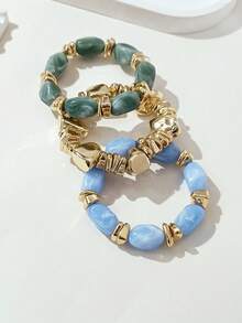 3pcs Vintage Thick Multi-Layer Multi-Color Acrylic Beaded Bracelet, Transformable Gold Chip Bracelet, For Women, Couples, Party, Daily Wear - Multicolor 6 - View 2