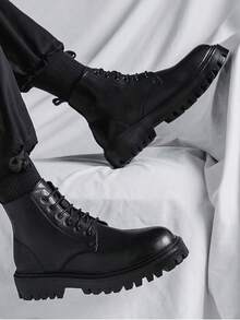 Boots Men's High Top Spring And Autumn British Style Retro Mid-Top Leather Shoes Heightened Black Leather Boots - 黑色 - 查看 7