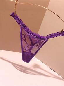 1pc Customized Crystal Letter Sexy Lace Personalized Name G-String Bikini Thong Lingerie T-Back, Gift For Girlfriend, Wife, Valentine's Day, Christmas, Halloween, Thanksgiving, Birthday - Purple - View 2