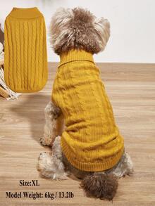 1 قطعة كنزة صوفية قطة/كلب كبير بتصميم ملون أحادي بطراز ملفوف مجدول عتيق بياقة عالية للكلاب الكبيرة مثل الريتريفر الذهبي والبودل - أصفر - مشاهدة 2