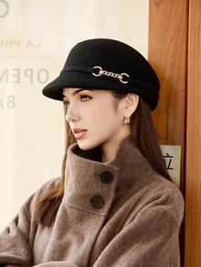 1 件女士纯色秋冬金属心形装饰毡贝雷帽、云朵贝雷帽、艺术家贝雷帽、报童帽、休闲优雅街头时尚百搭渔夫帽，适合秋季户外、聚会、骑行、旅行、派对、日常使用