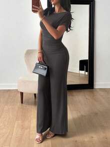 Vaiaye Women's 2-Piece Casual Elegant Solid Color Asymmetrical Hem Shaping Top, Suitable For Valentine's Day And Carnival, Paired With Solid Color Straight Pants, Suitable For Daily Wear, Holiday And Beach Vacation. - Dark Grey - View 2