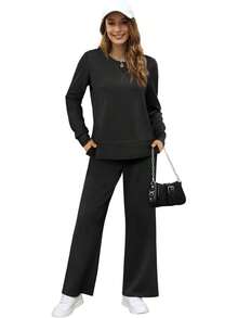 OFEEFAN Women's 2 Piece Lounge Set Travel Airport Outfits Side Slit Tracksuit Wide Leg Loungewear Baggy Comfy Sweatsuit S-3XL - màu nâu - Xem 8