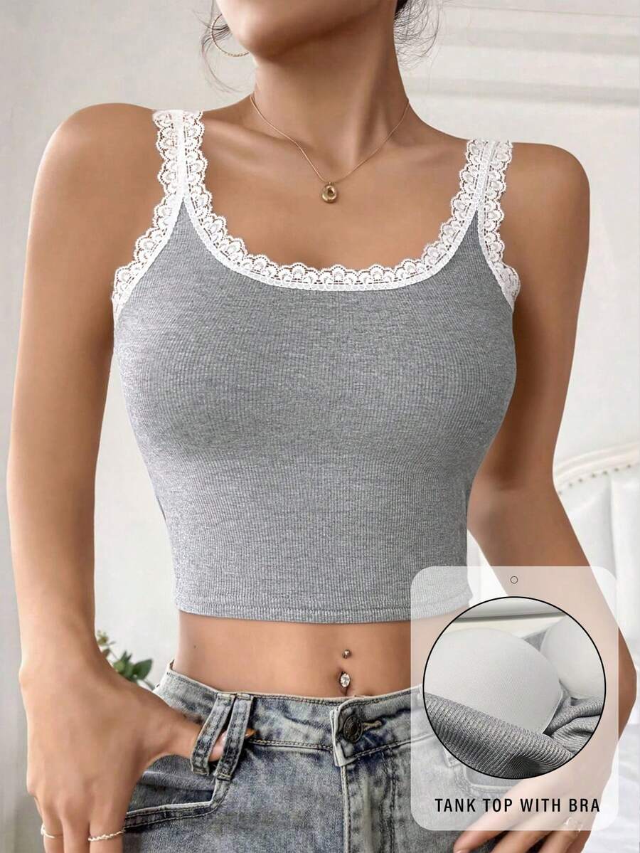 1pc Lace Patchwork Camisole Top For Women, Casual Soft & Comfortable Autumn/Winter Undershirt, Slim Fit Sleeveless Shirt - Grey - View 1