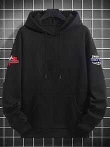 Men's Hoodie With Racing Culture Graphic Print, Thermal Lined Pocket, Autumn/Winter - Black - View 7