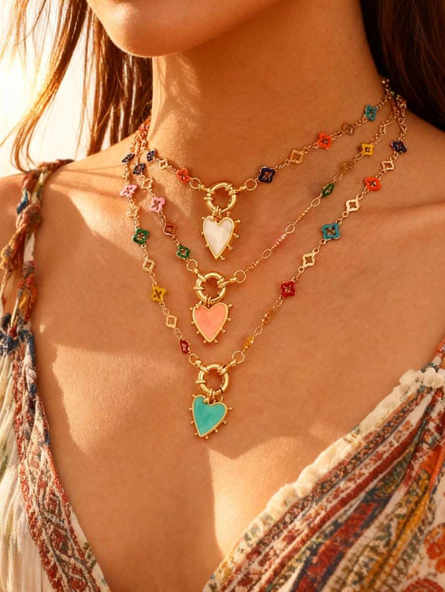 1 Piece Women's Heart Necklace, Copper Drip Oil Heart Hollow Out Lucky Straw Circle Clasp Necklace, Gold Heart Pendant Necklace, Chunky Faux Gold Chain, Birthday Gift Holiday Gift (Hand-Cut, Four-Leaf Clover Colors And Zirconia Are Randomly Selected. Pendant Can Be DIY ) - Multicolor - View 1
