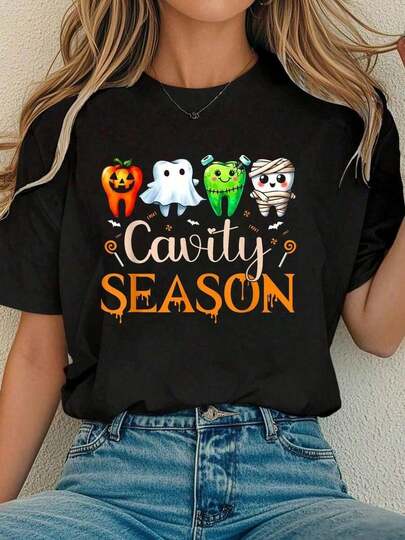 Camiseta de algodón para mujeres, temporada de cavidades, fantasmas, Halloween, higienista dental o asistente, camiseta cómoda para mujeres
