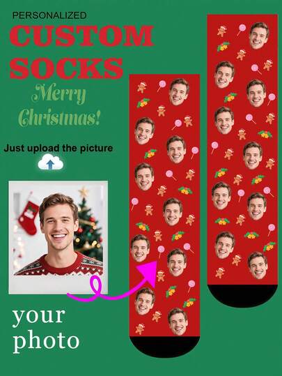1pc Unisex Custom Pet Face Printed Green Comfortable Festive - Style Socks For Christmas
