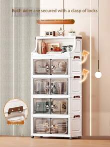 1 pieza Gabinete de almacenamiento plegable de plástico, organizador de juguetes para sala de estar con puertas dobles para el hogar, gabinete de almacenamiento con ruedas para dormitorio, caja de almacenamiento tipo armario, estantería organizadora de cocina - transparente - Ver 6