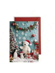 1pc/2pcs Funny Christmas Polar Bear & Penguin Cards, Birthday Cards, Thank You Cards, Personalized Original Design, Perfect For Animal Lovers, Ideal Christmas & Birthday Gifts, High-Quality Thick Card Paper, Comfortable Touch,Christmas - Red - View 2