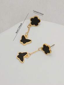 1 对时尚三叶草花朵和几何蝴蝶设计耳环，百搭时尚，适合女性日常佩戴 - 黑色 - 查看 5