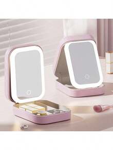 Portable LED Lighting Makeup Mirror Box - Foldable Travel Cosmetic Storage Box With USB Rechargeable Battery, Pink Leather Design, Suitable For Students, Women's Jewelry Storage And Portable Beauty, Small Makeup Case | Foldable Mirror Box | Faux Leather Finish