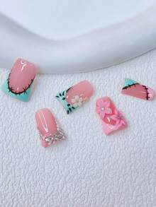 10pcs Y2K Nails Chic Duckbill Press On Nails Set - Handcrafted, Blue Nails, Pink Nails, Blue And Pink French Tip Nails, Handmade 3D Flower, Hand Drawn Black Kitten, Hand Drawn Element Design Decoration, White Little Flower Element Design, Sparkling Rhinestone Nails, - Suitable For Women And Girls, Party, Wedding, Daily Wear, DlY Nail Art, Nail Set, Includes Tool Kit. Duck Nails. Handmade Acrylic Press On Nails. Goth Nails. Nail Supplie - 彩色 - 查看 3