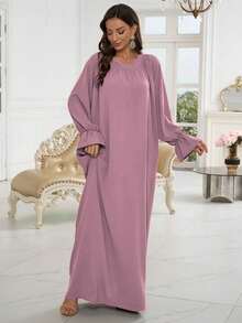 1pc New Soft Floral Sleeve Muslim Dress Without Hijab, Elegant Pleated Collar Design, Classic Versatile Abaya, Suitable For All Seasons