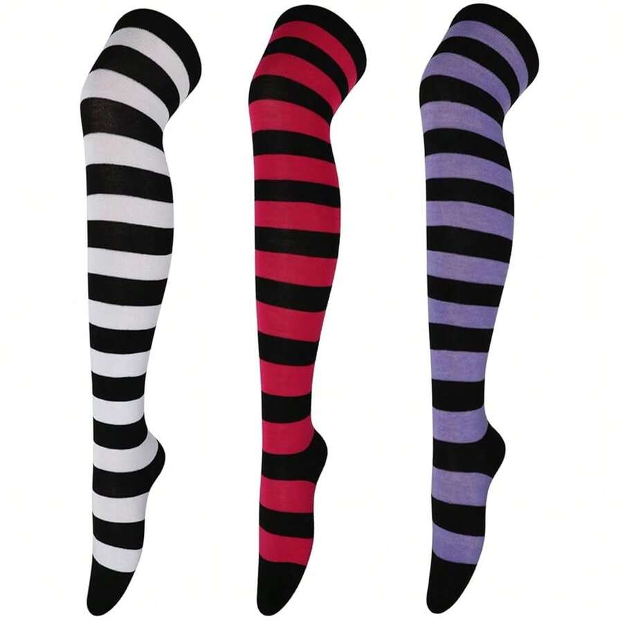 DRESHOW 3 Pairs Thigh High Socks Striped Over Knee Thin Tights Long Stocking Knee High Leg Warmer{"Color_name":"3Pairs:White/Red/Purple"} - 多色3 - 查看 1