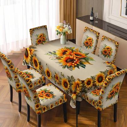 Juego de mantel y fundas de silla con estampado floral, elástico, desmontable y lavable. Fundas de silla desmontables, set de 2/4/6 fundas de silla, 1 mantel + 4 fundas de silla o 1 mantel + 6 fundas de silla, adecuado para comedor, sala de estar, cocina, hogar, uso diario en hotel, regalos, decoración de fiestas