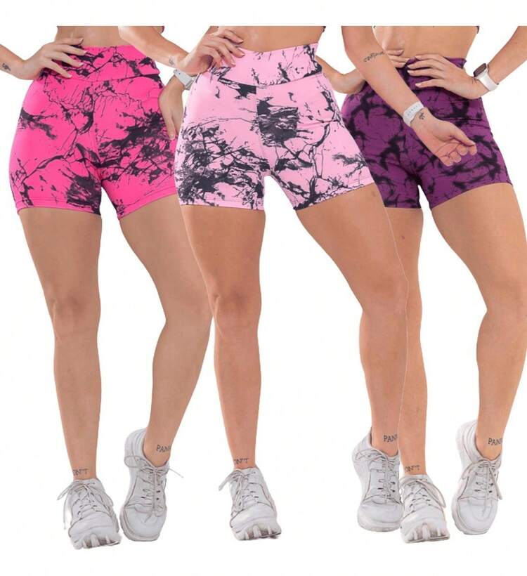 Feizzi Fitness Kit 3 Marbled Yoga Shorts Gym Walking Workout - 粉紅色-淺粉紅色-紫色 - 查看 2