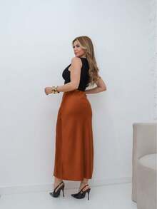 YING ZI Elegant Mode Midi Social Skirt - Rỉ Nâu - Xem 4