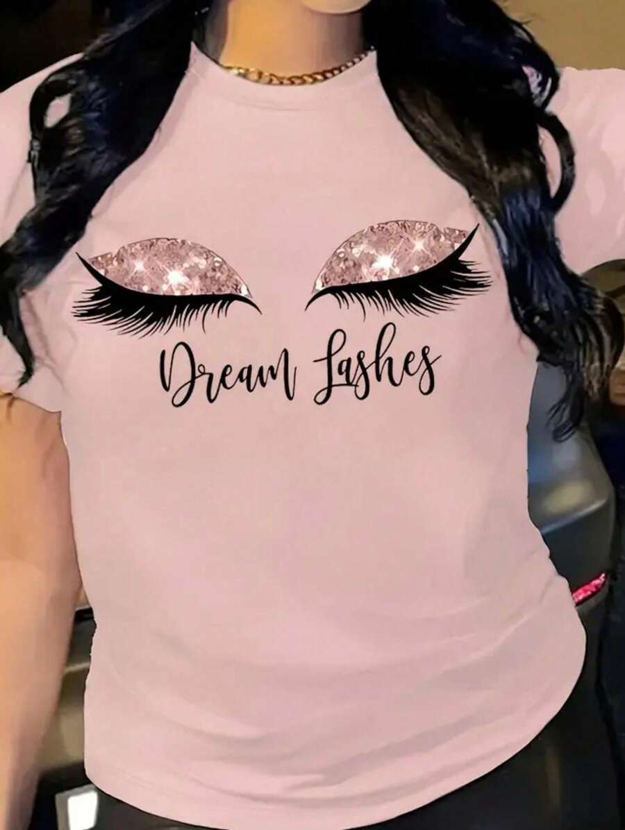 Playera camiseta básica mujer dama cuello redondo manga corta estampado GRAFICO DE PESTAÑAS OJOS CHIC LASHES DREAM GRAPHIC | Textura Suave Fortiz - Rosa - Ver 1