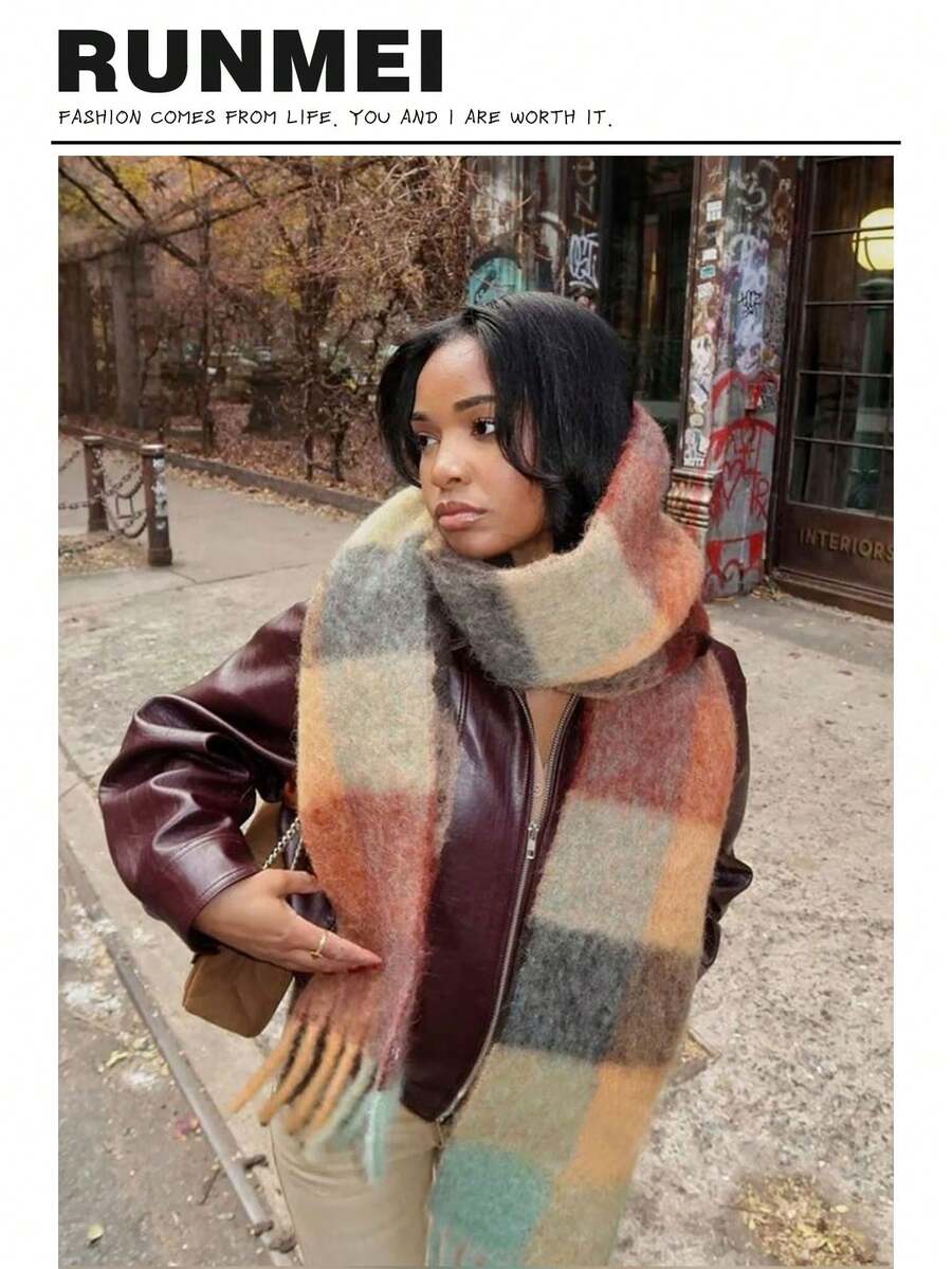 1 pieza Bufanda larga y esponjosa con flecos para mujer para el invierno, bufanda a cuadros grande y gruesa, chal cálido y sobredimensionado