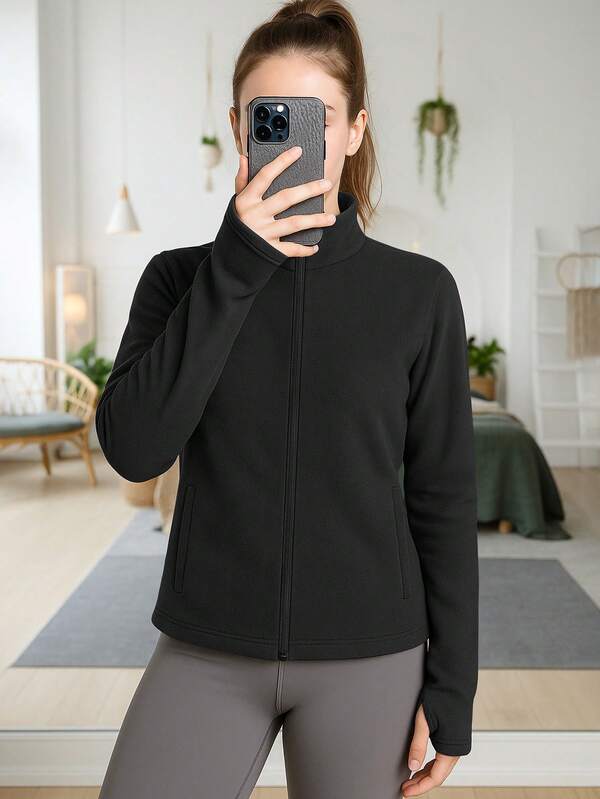 Women's Fleece Zip-Up Jacket With Thumbholes - Slim Fit Stand Collar Long Sleeve Outerwear For Running, Commuting, Skiing, And Cold Weather Outdoor Training, Warm And Comfortable With Flexible Design,Winter