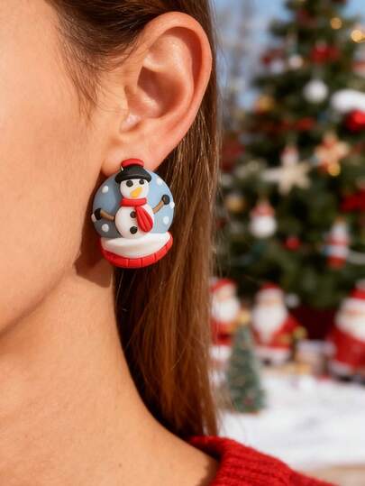 زوج من أقراط عيد الميلاد المصنوعة يدويًا من الطين البوليمري الملون بشكل رجل الثلج، خطاطيف أقراط من الفولاذ المقاوم للصدأ، هدية عيد الميلاد للنساء