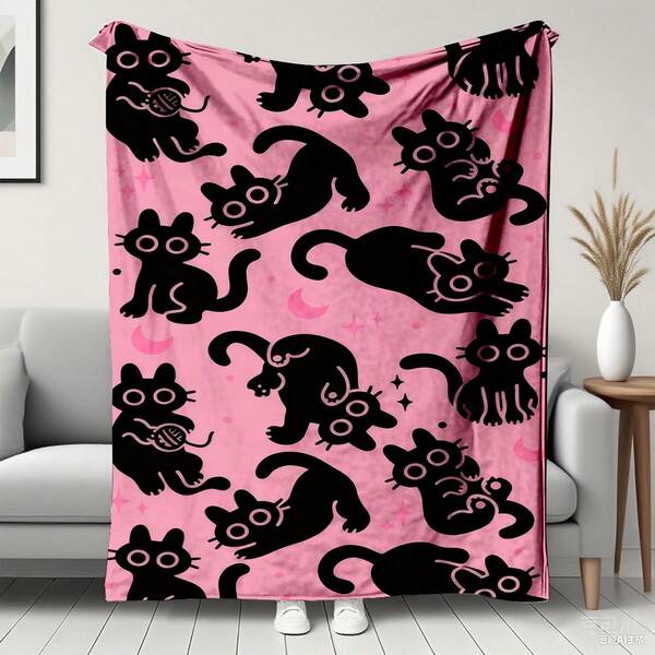 1 peça cobertor de flanela com estampa de gato preto, rosa, estrela e lua, tecido para casa, capa de sofá, cobertor pequeno, xale e cobertor, perfeito para sofá, viagem, decoração de quarto e casa