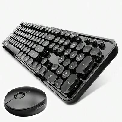 Wireless Keyboard And Mouse Combo, Retro Style Keyboard With Round Keycaps, 2.4GHz Dropout - Connection Mouse With 3 Adjustable DPI Notebook PC Black