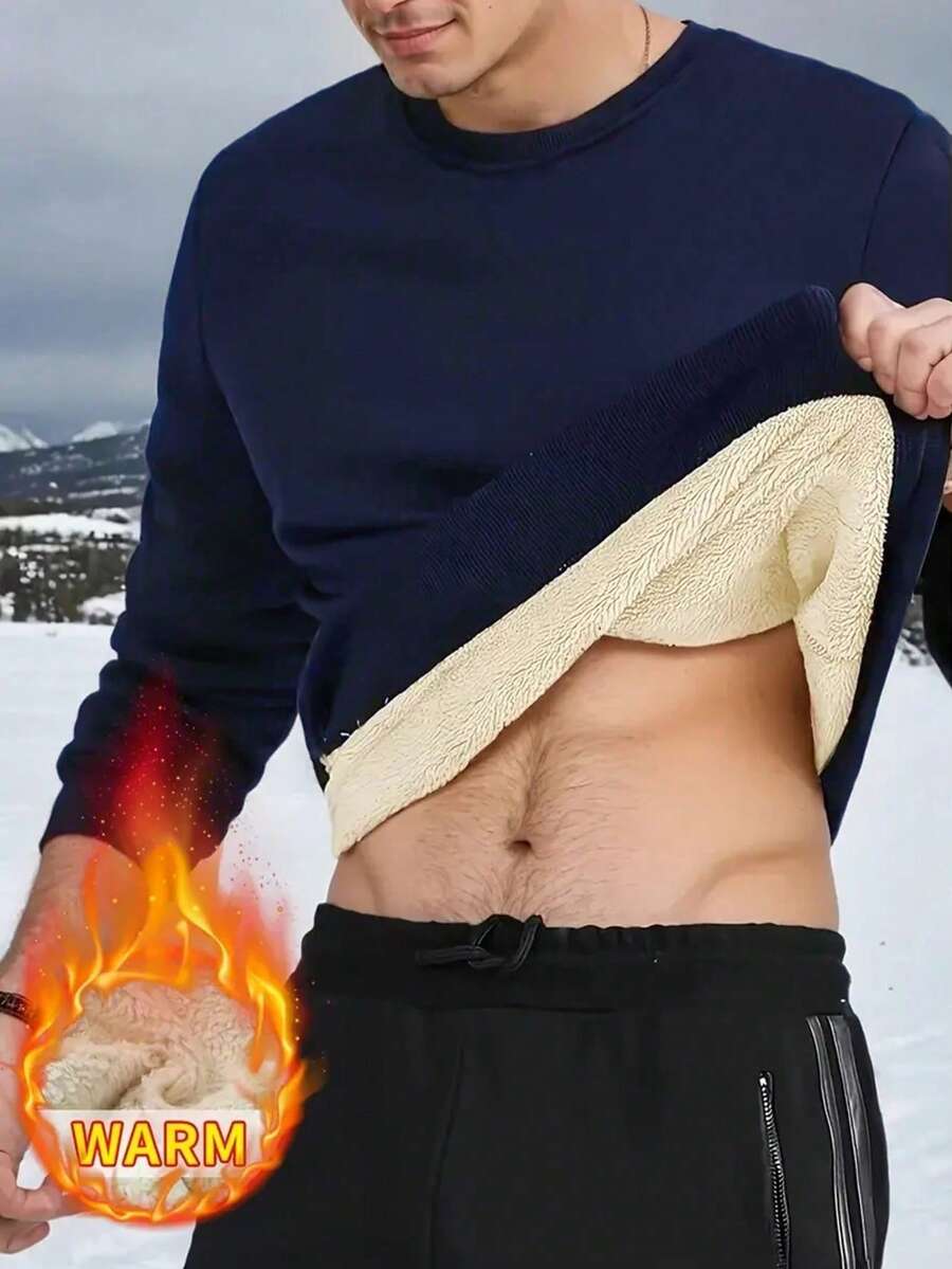 男士保暖内衬套头衫，休闲圆领运动服，户外跑步健身训练长袖连帽衫，秋冬