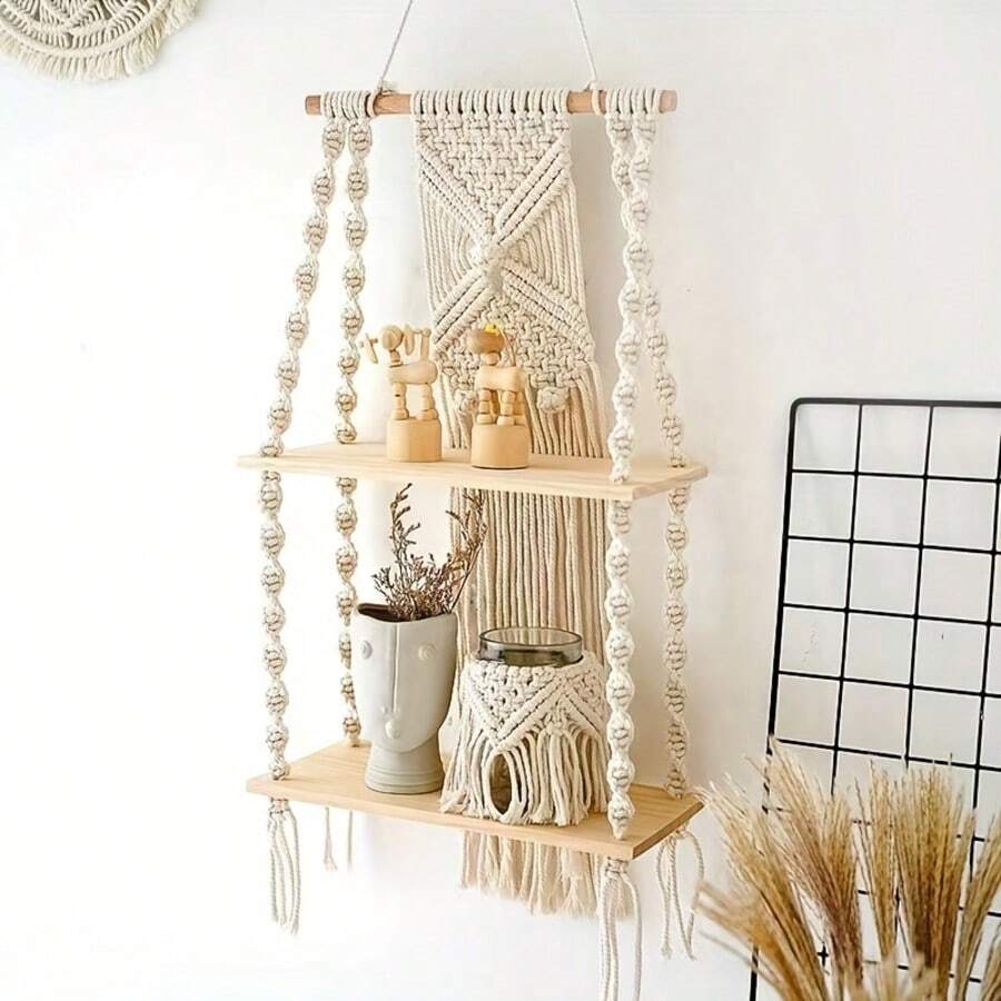Woven Wall Hanging Rack, Bohemian Style Handwoven Hanging Rack, Wood Finish Storage Rack, Suitable For Bedroom And Bathroom Decoration, Bohemian Wall Decoration, Floating Shelf - 米色 - 查看 1