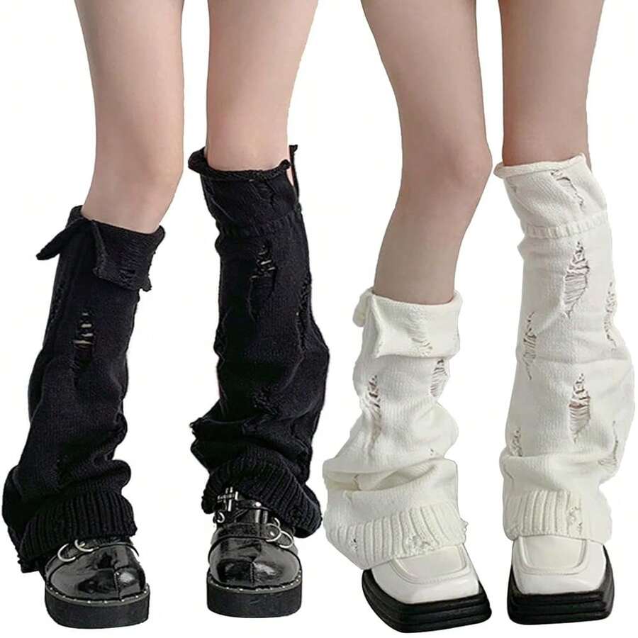 SherryDC Womens Y2k Knit Leg Warmers Harajuku Japanese Long Boot Socks Kawaii Lolita Winter Leg Cover{"Color_name":"900-Black+White"} - 多色5 - 查看 1