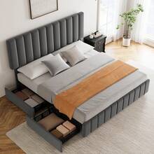 Marco de cama tapizado completo con 4 cajones de almacenamiento, Plataforma de cama de tamaño completo de terciopelo con cabecera ajustable de lino, Soporte de láminas de madera, No se necesita muelle de caja, Gris - Gris - Ver 1