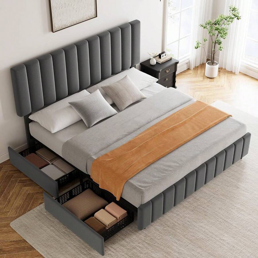 Marco de cama tapizado completo con 4 cajones de almacenamiento, Plataforma de cama de tamaño completo de terciopelo con cabecera ajustable de lino, Soporte de láminas de madera, No se necesita muelle de caja, Gris - Gris - Ver 1