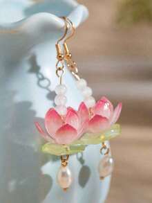 1 Pair Pink Lotus Flower Drop Earrings With Pearl Decoration, Elegant Design Earrings(Random Selection For Shipping) - Random - View 2