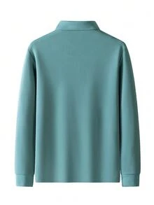 男士休閒寬鬆長袖 Polo 衫，輕量聚酯纖維，極簡商務休閒校園風 T-shirt - 綠色 - 查看 3