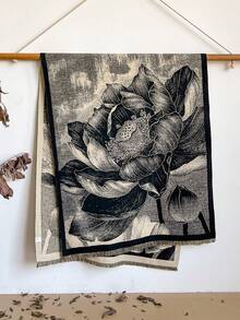 1 pièce Écharpe chaude en fausse cachemire avec motif jacquard élégant de fleur de lotus, convient pour les femmes, les pièces climatisées, l'automne/l'hiver, mode, polyvalente, cache-cou, châle, idée cadeau - Noir et Blanc - Voir 3