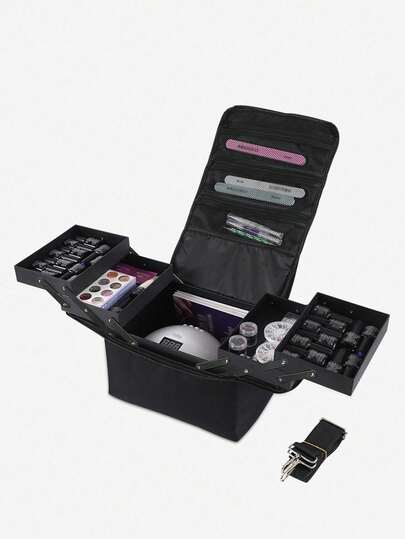 极简化妆包，金色拉链，时尚黑金配色，优质材料，大容量，可收纳指甲油、化妆品，旅行化妆包，美甲工具收纳盒，学生文具整理包，宿舍收纳包，生日/圣诞节/万圣节/感恩节/情人节礼物（含肩带）（拉链款式随机）