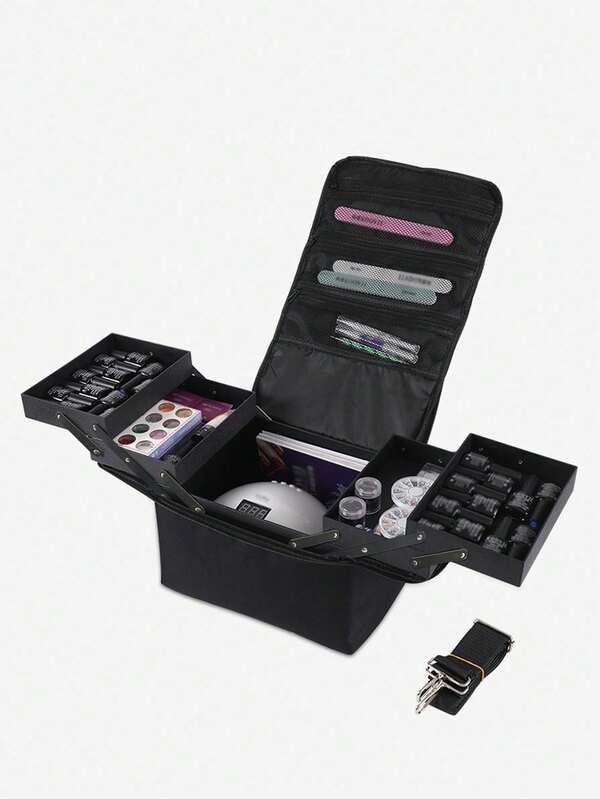 极简化妆包，金色拉链，时尚黑金配色，优质材料，大容量，可收纳指甲油、化妆品，旅行化妆包，美甲工具收纳盒，学生文具整理包，宿舍收纳包，生日/圣诞节/万圣节/感恩节/情人节礼物（含肩带）（拉链款式随机）