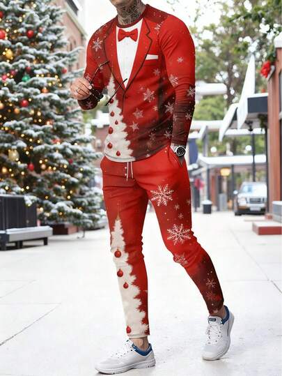 Men's Christmas Print Long Sleeve T-Shirt And Pants Set