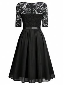 MIUSOL Elegant Black Sweetheart Neck Floral Lace A-Line Cocktail Swing Dress, Half Sleeves, Flowing Ruffle Trim Hem, For Wedding Guest, Prom, Evening Party - màu đen - Xem 8