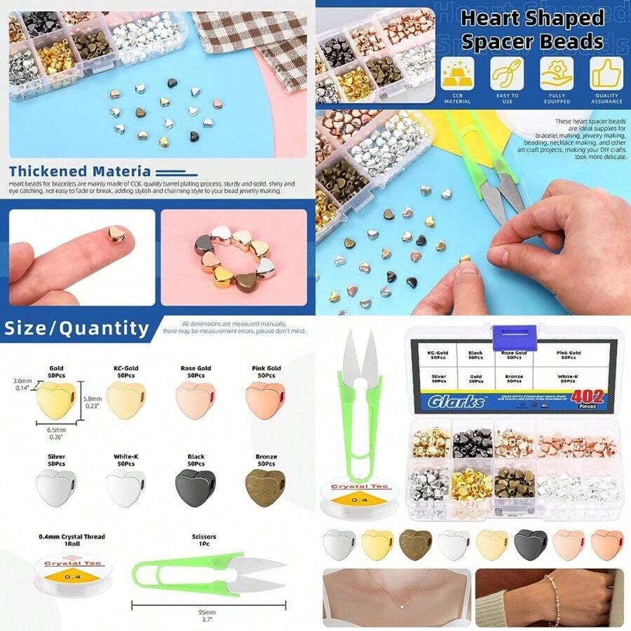 402Pcs Heart Spacer Beads With Scissors And Elastic String Kit 8 Colors Heart Beads Charm Loose Beads Small Hole Metal Heart Shaped Beads Kit For DIY Bracelet Jewelry Making Craft
