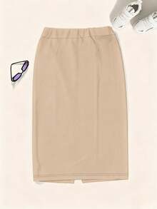 Elegant Solid Color High Waist Pencil Skirt, Suitable For Work - Khaki - View 5